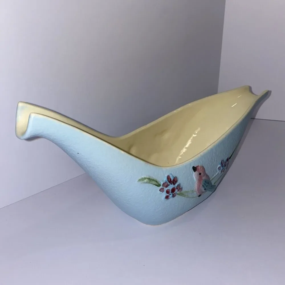Vintage Hull Pottery S9 Long Vase '57 Hand-Painted Birds & Flowers –Blue Ceramic